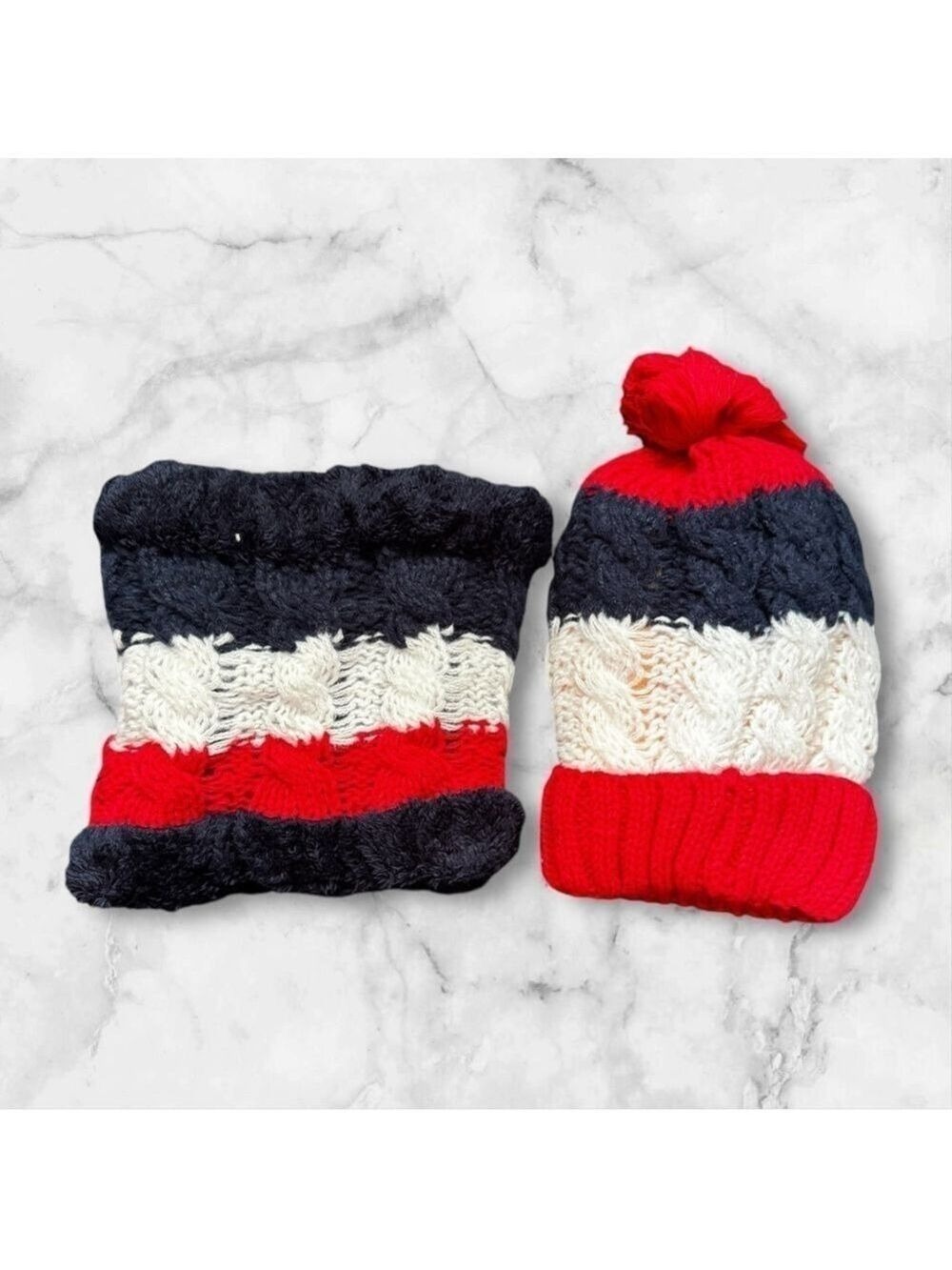 Red white navy blue knit hat and neck warmer set unisex one size winter autumn
